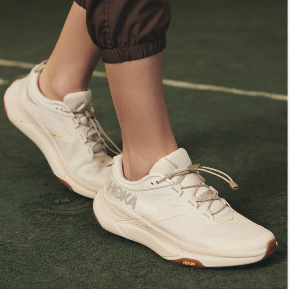 Hoka Women’s Transport Sneakers Cream and Tan Athletic Shoes in Eggnog 7.5